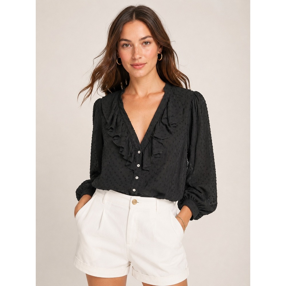 J.Crew Womens Ruffle Clip Dot Blouse PL Romantic Black Long Sleeve Button Up